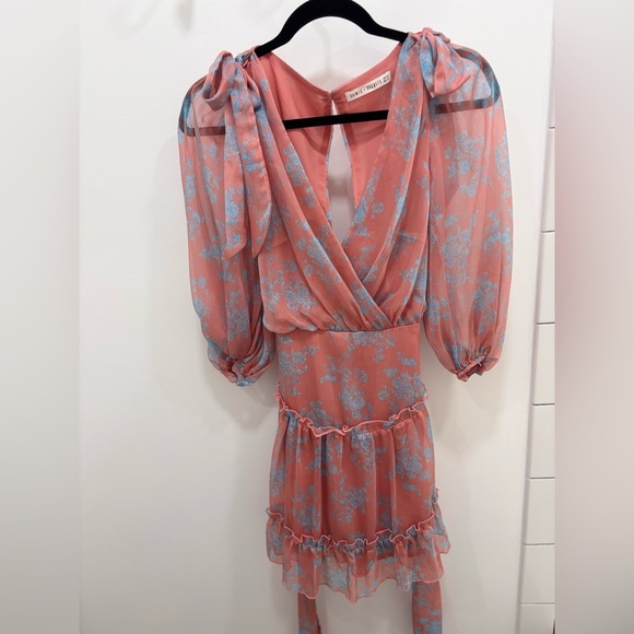 Saints + Secrets Pink Floral Ruffle Mini Dress Bow Shoulders Anthropologie - Picture 5 of 5